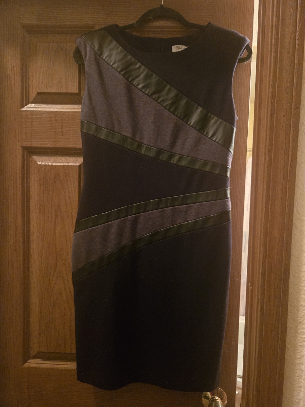 Calvin Klein Sleeveless Black and Charcoal Sheath Dress with Faux-Leather Trim
